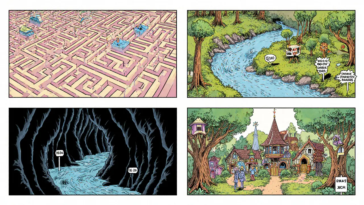 Čtyři panely ukazují různé terapie jako surrealistické krajiny.