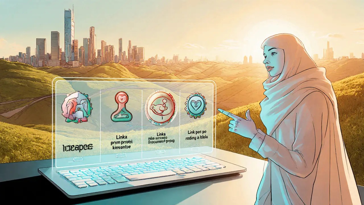 Futuristický portál s holografickými ikonami a AI asistentem v pozadí.