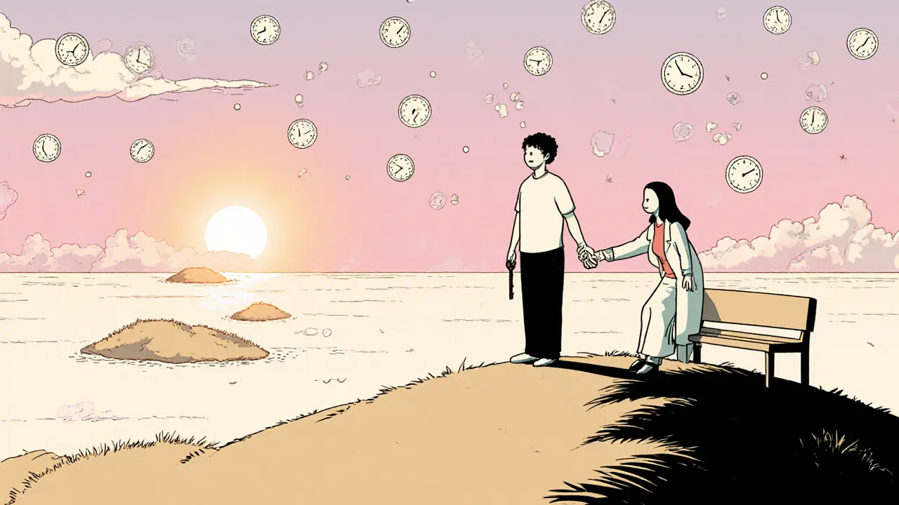 Klient drží klíč, terapeut mu podává pomoc, v pozadí úsvit.