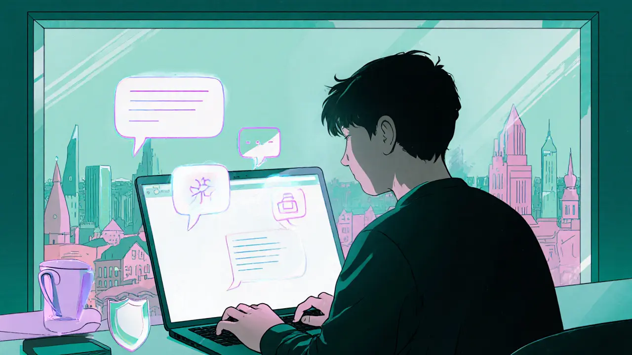Mladý člověk používá laptop v chatové podpoře, obrazovka zobrazuje bubliny.