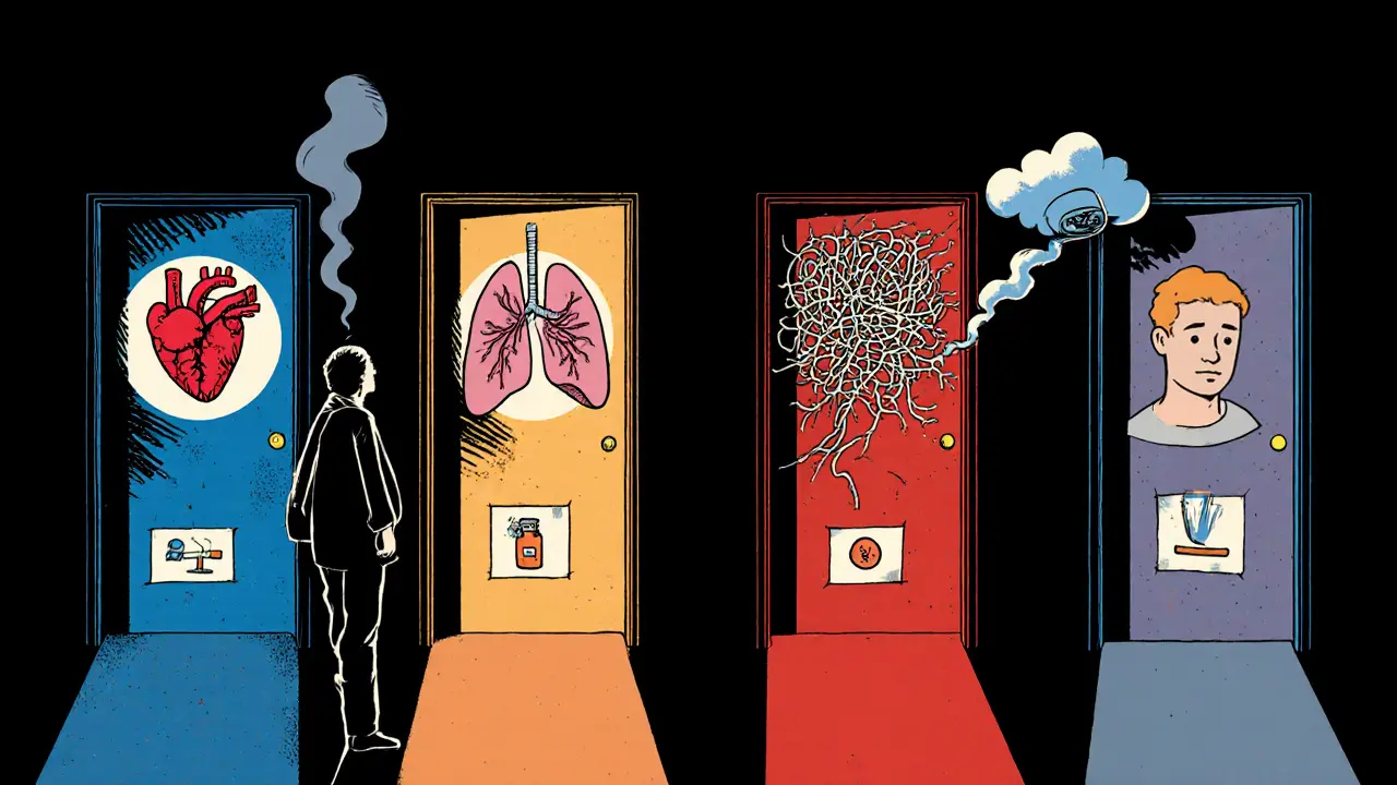 Dospělý s vyobrazenými zdravotními problémy a duševními potížemi, stylizováno jako Moebius.