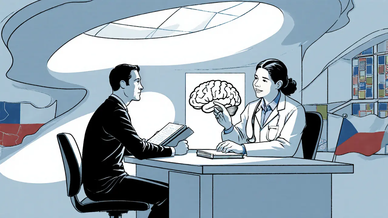 Pacient a lékař během konzultace probírají konkrétní otázky.