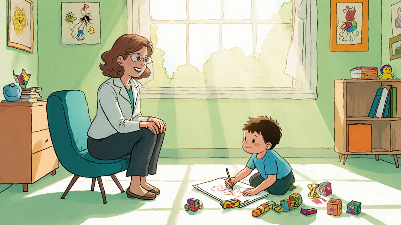 Psycholog v pokojíčku hraje s dítětem, které kreslí a baví se hračkami.