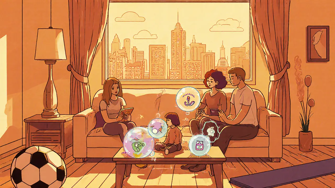 Rodina doma: společně dýchají, používají aplikaci na tabletu, přidává jógu a sport.