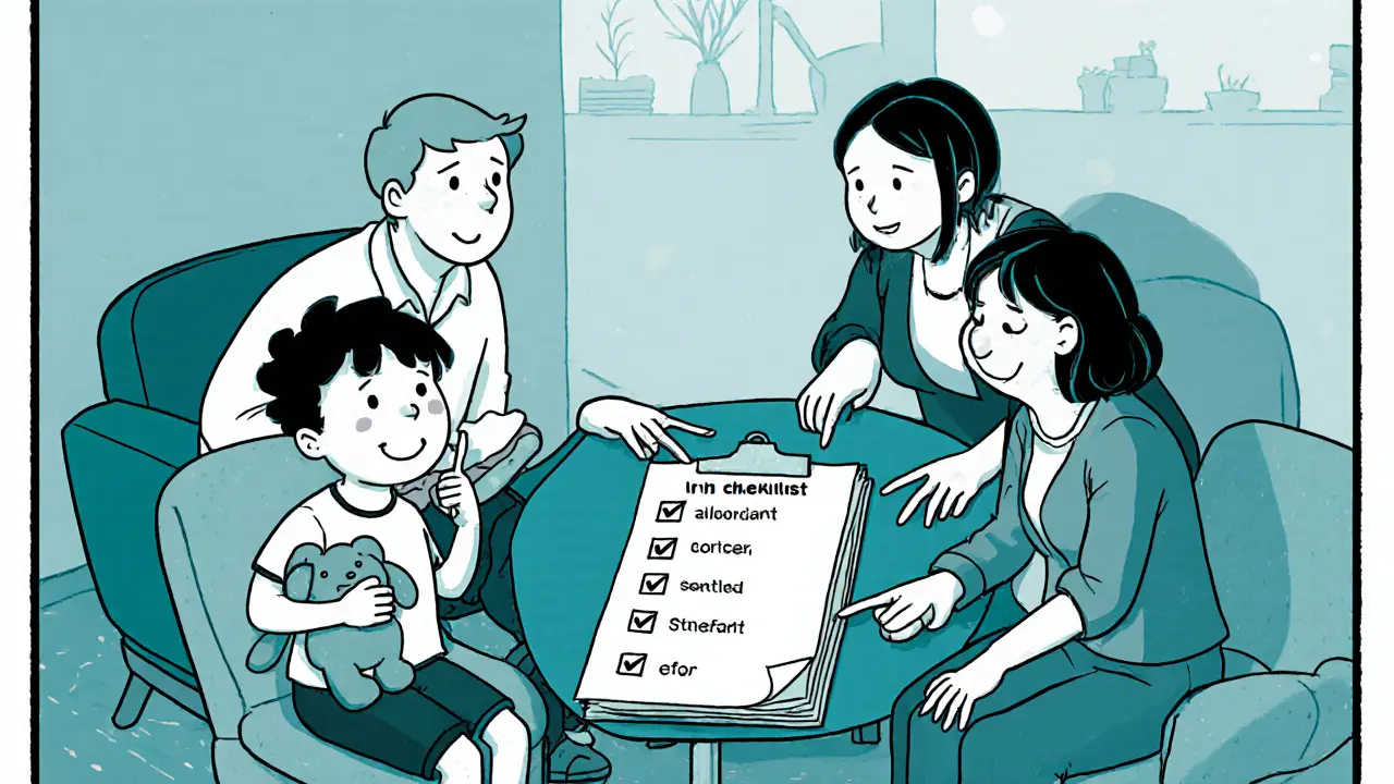 Rodina po první návštěvě diskutuje u kontrolního seznamu, dítě se usmívá.