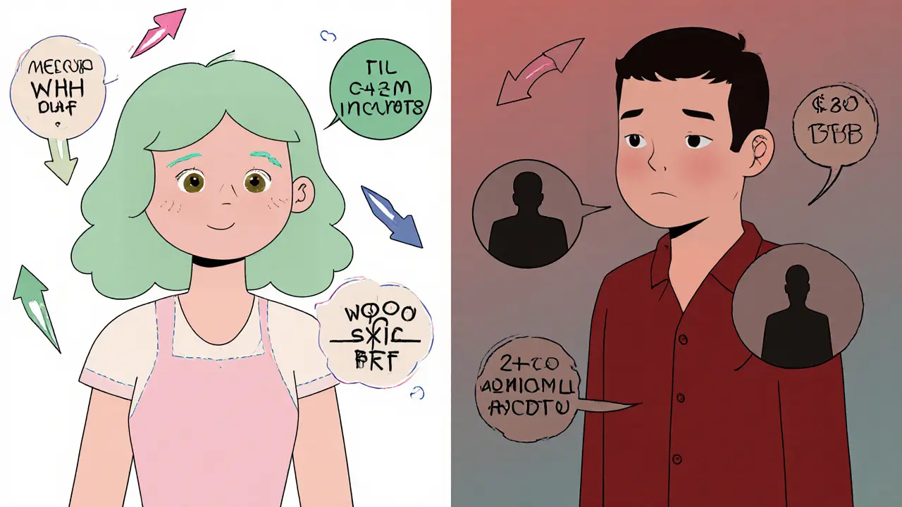 Rozdělený panel: žena s BPD a muž s ASPD, ukazující různé pokroky.