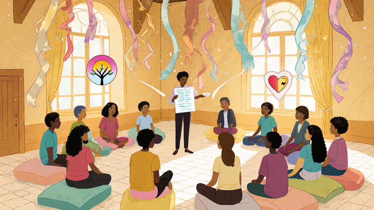 Skupinová terapie a podpora, postavy v kruhu, symboly odolnosti, komiksový vzhled.