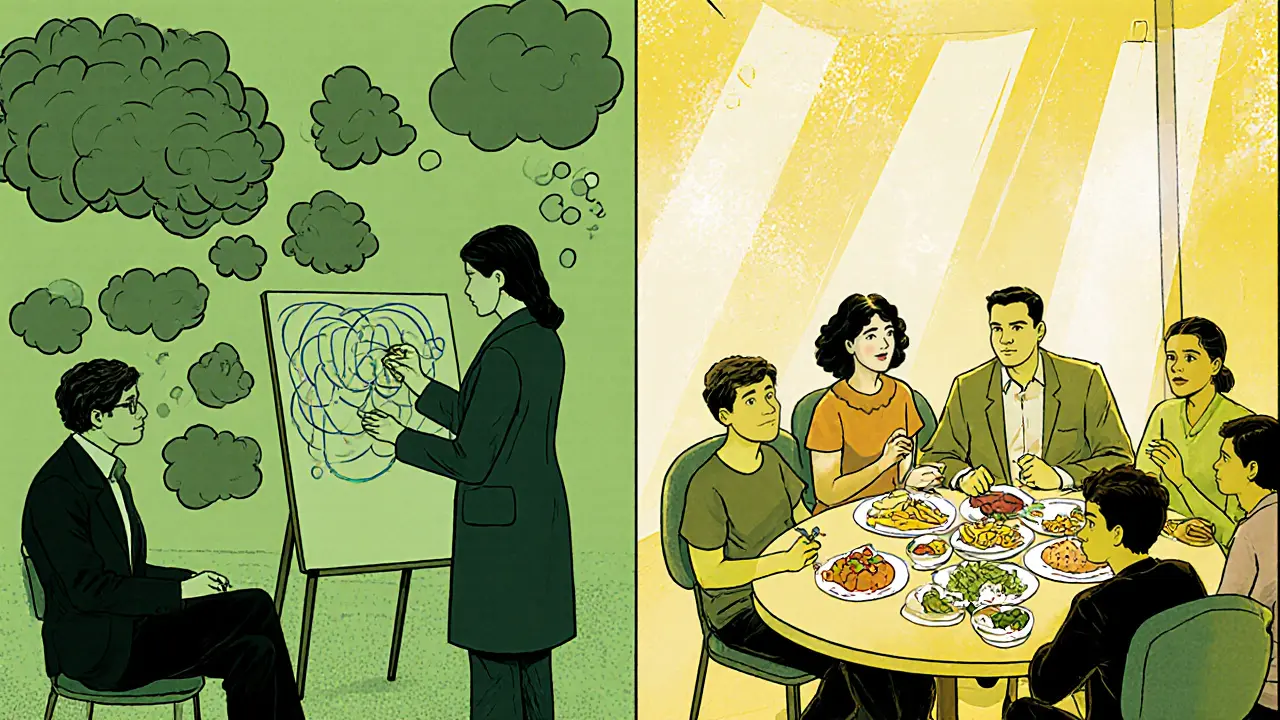 Terapeut, nutriční specialistka a rodina během CBT a expozice potravin.