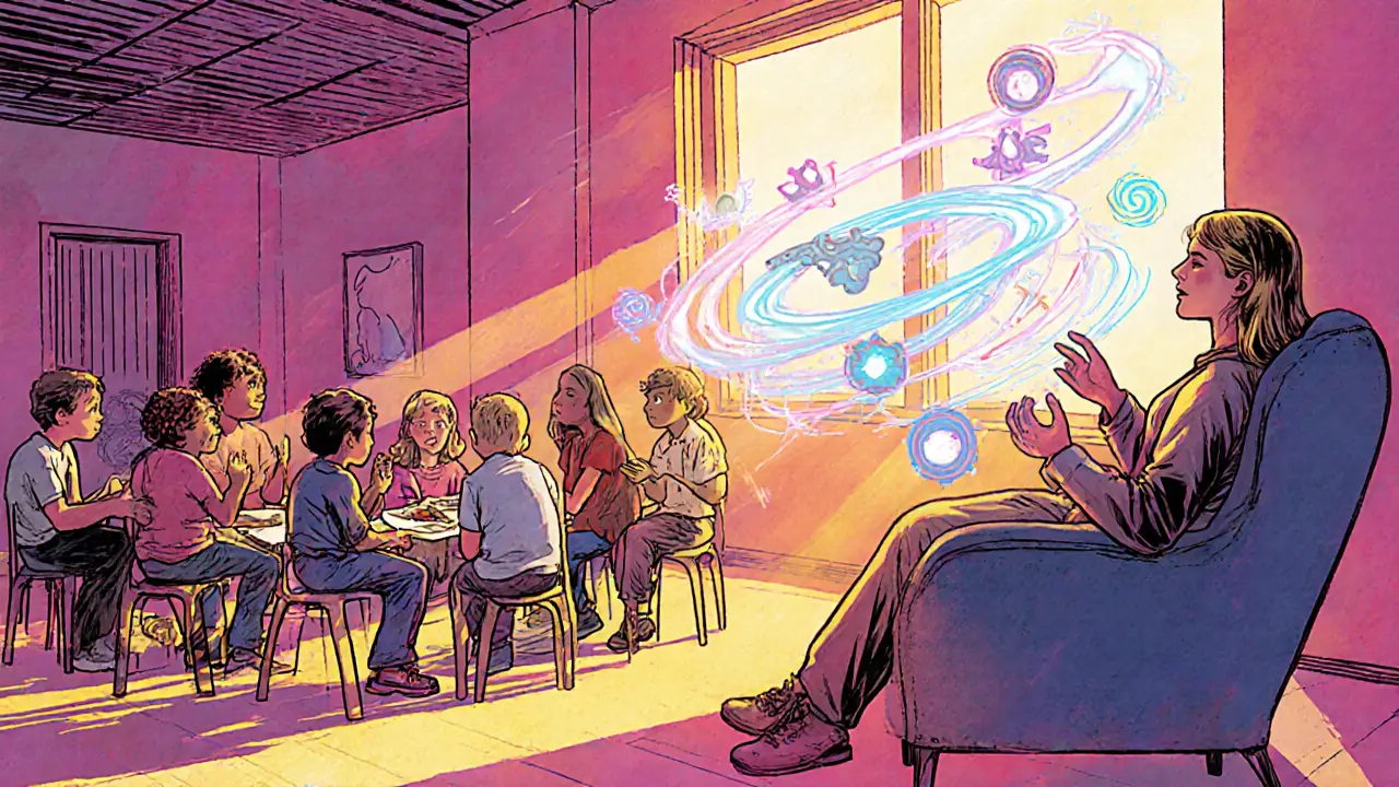 Terapeut provádí EMDR, teenager sleduje světelné symboly, skupina dětí v kruhu.