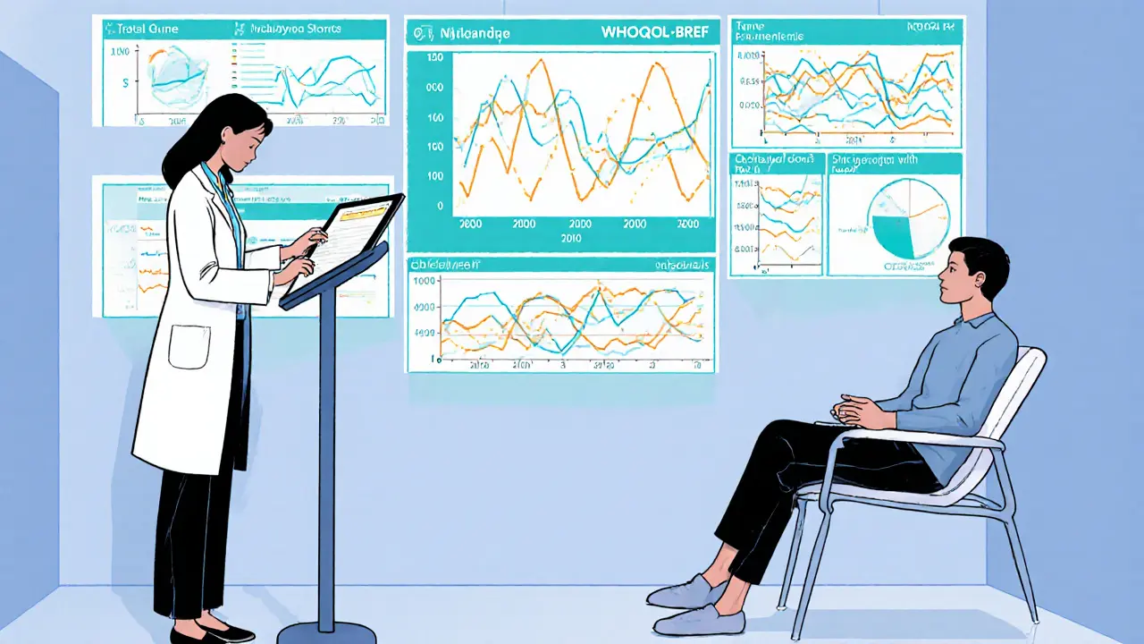 Terapeut zadává data do tabletu, klient sleduje grafy na stěně.