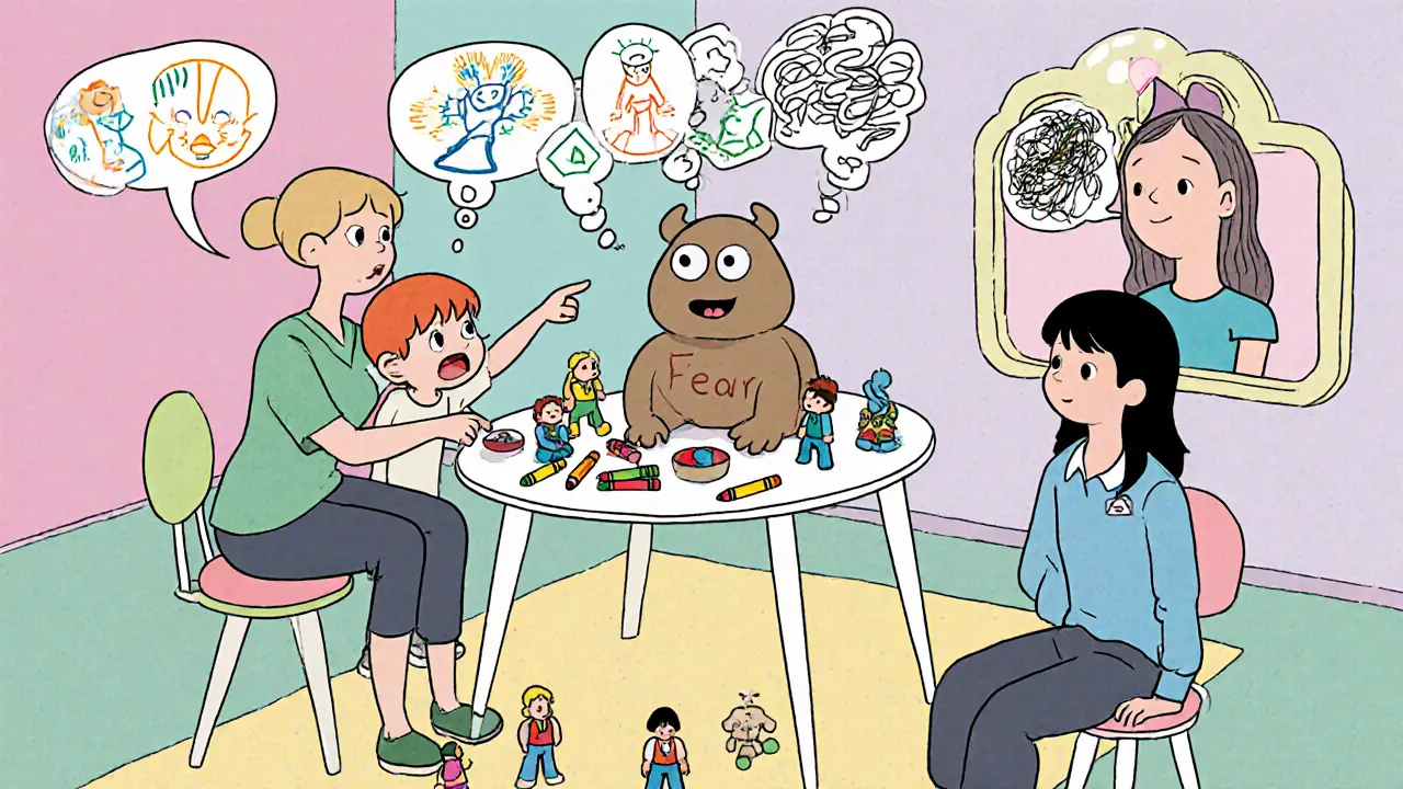 Terapeutická místnost: dítě hraje s hračkami, teenákka cvičí dýchání, ukazuje CBT techniky.