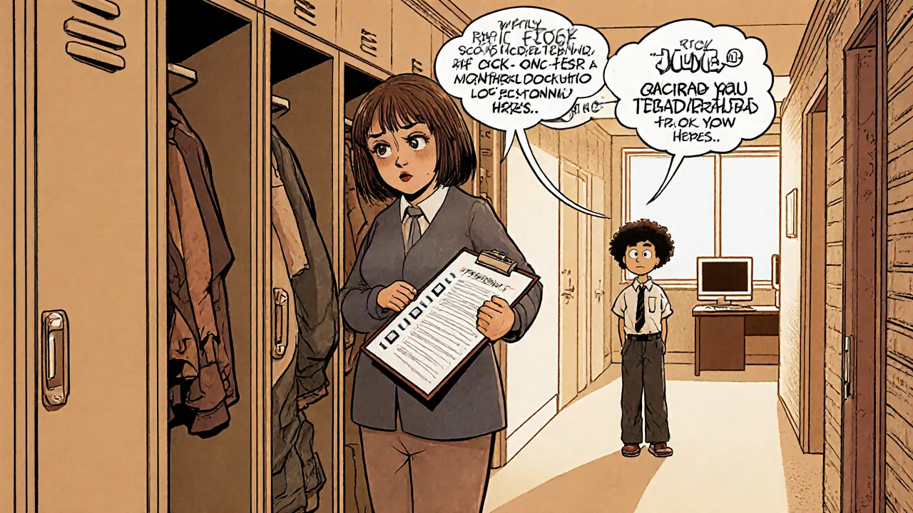 Učitel ve škole vidí zanedbané dítě, kontrolní seznam a telefonní linka.