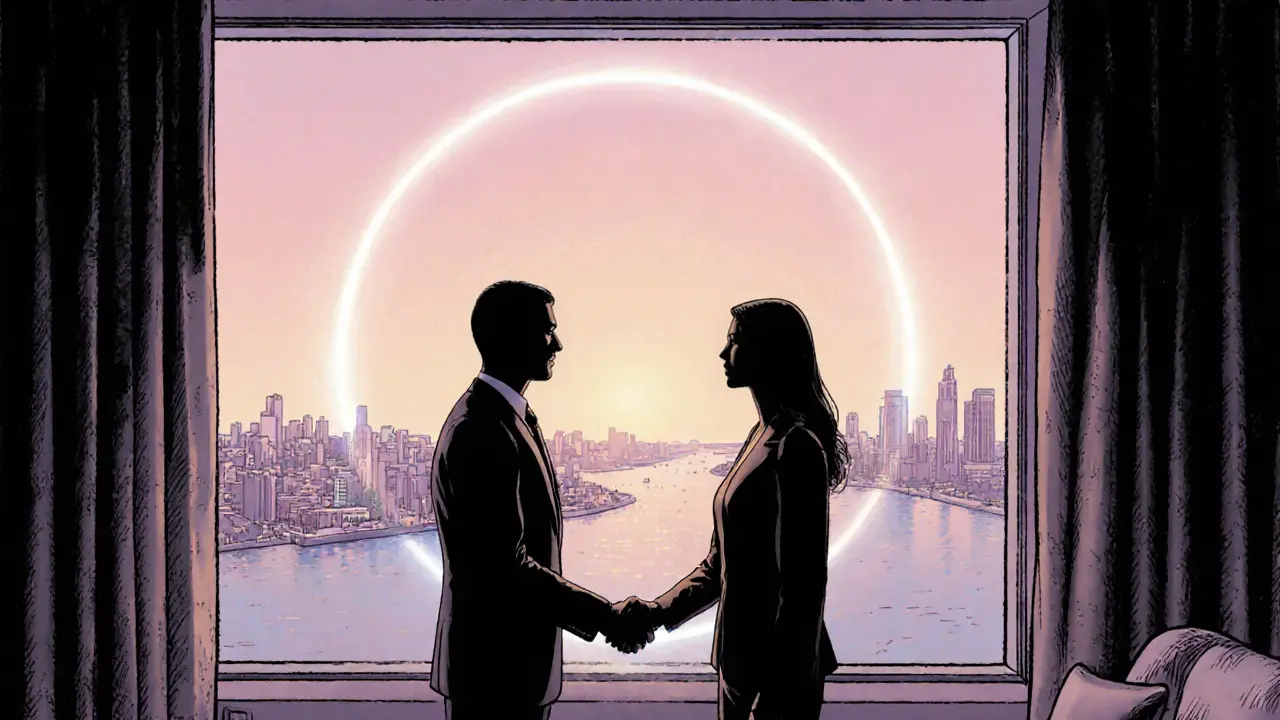 Terapeut a klient si po otevřené konverzaci podávají ruce, symbolizují posílenou alianci.