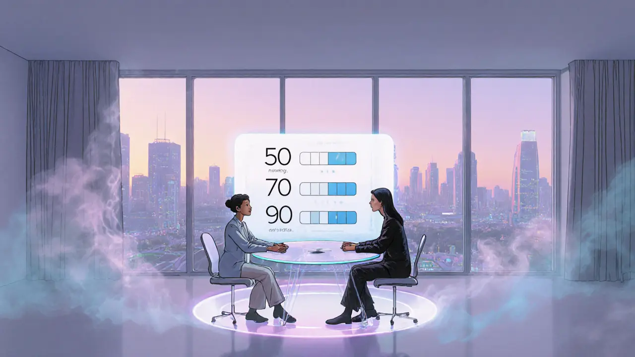 Budoucnost terapie s holografickým plánovačem času a městským pozadím.