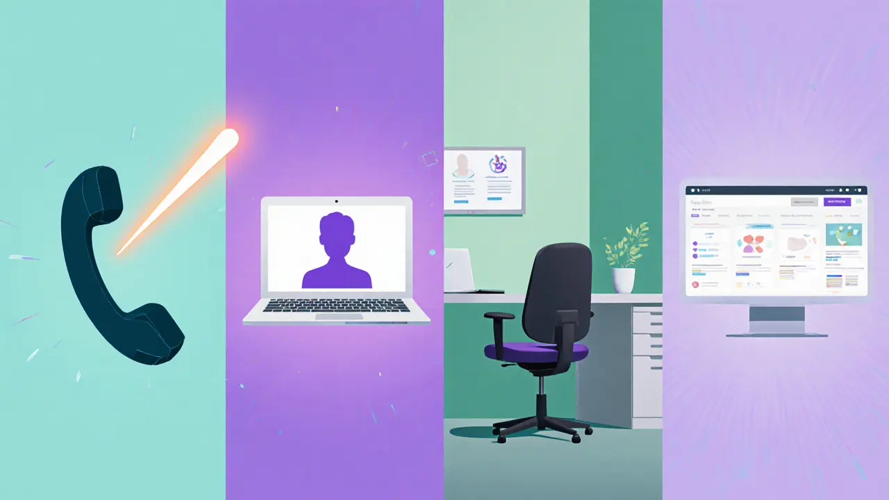 Čtyři modely psychoterapie: telefonní linka, videohovor, soukromá klinika a digitální portál.