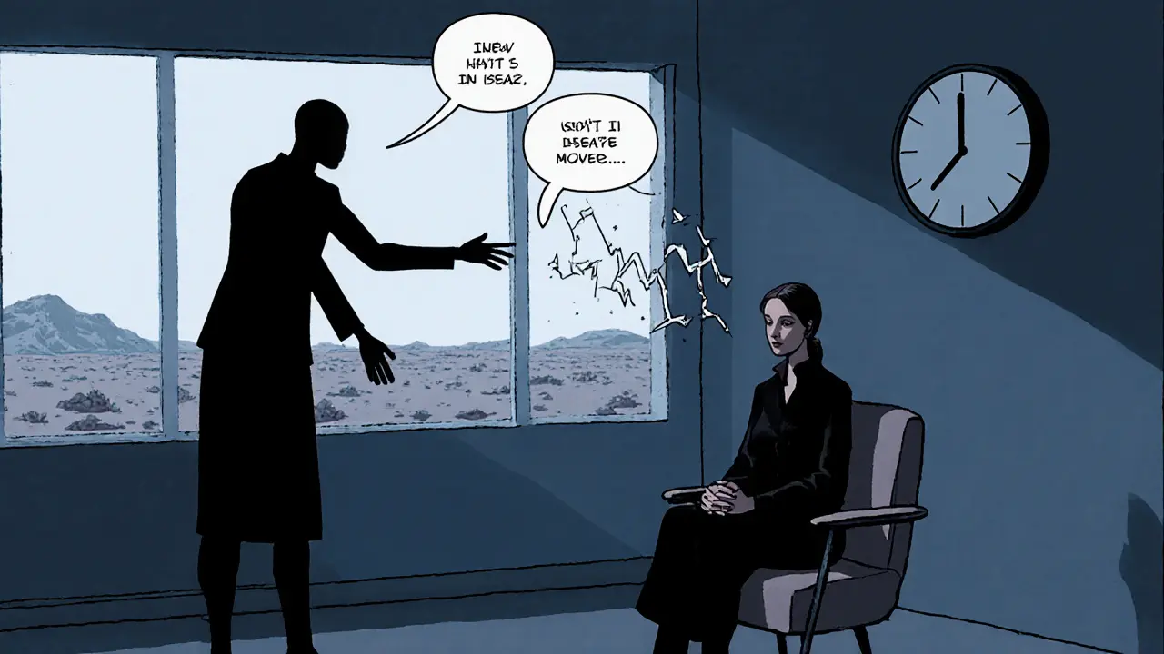 Klient v terapeutické místnosti se cítí ignorovaný, zatímco terapeut přerušuje.