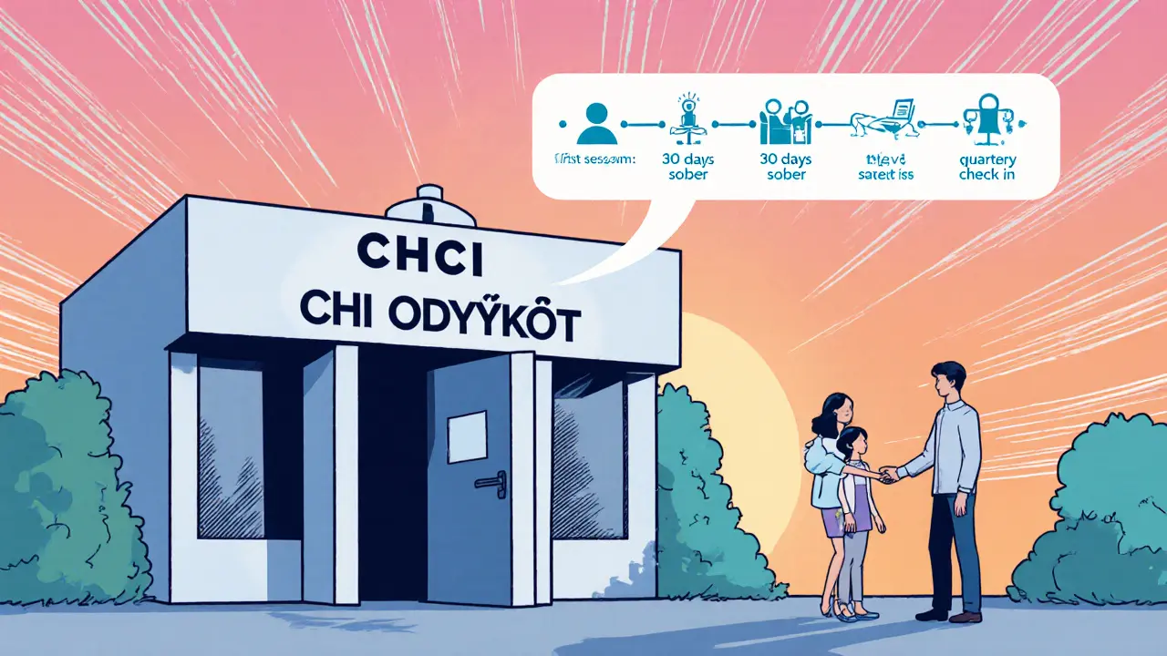 Rodina před moderní klinikou CHCI ODVYKÁT, v pozadí je časová osa úspěchů a nadějná obloha.