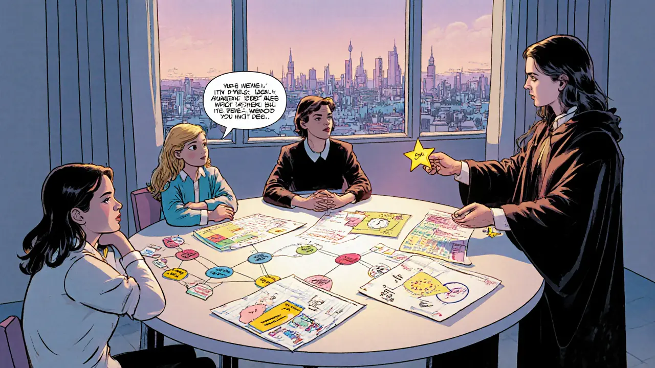 Rodinná terapie CRAFT s tabulí, diagramy a terapeutem, všichni aktivně komunikují.