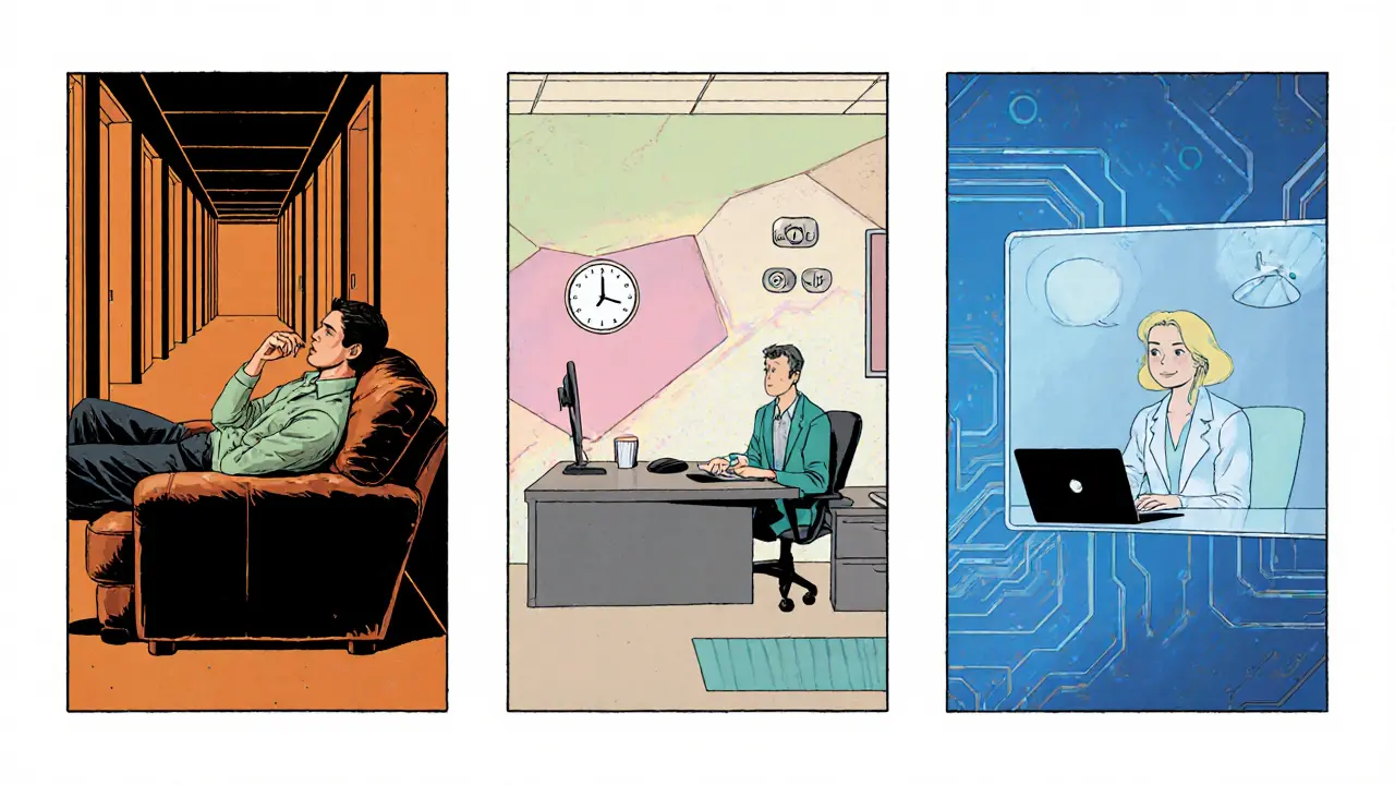 Různé terapie – psychoanalýza na pohovce, krátkodobé poradenství a teleterapie na obrazovce.