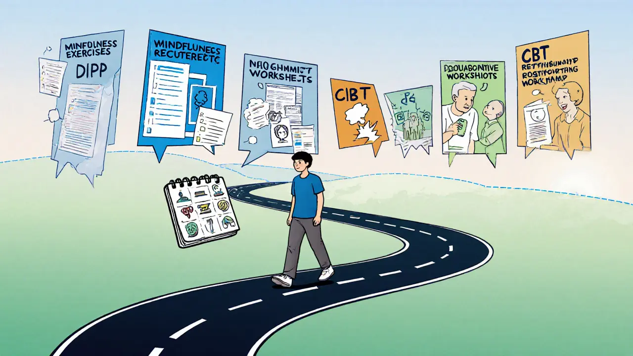 Cesta z DBT a CBT kroků s rodinnou podporou, ukazující pokrok a klid.