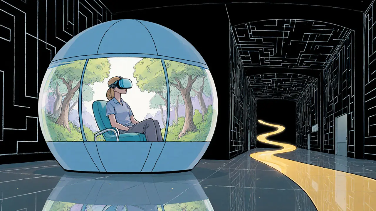 Pacient v VR terapii, s temnou únikovou chodbou a jasnou cestou k uzdravení v laboratoři.