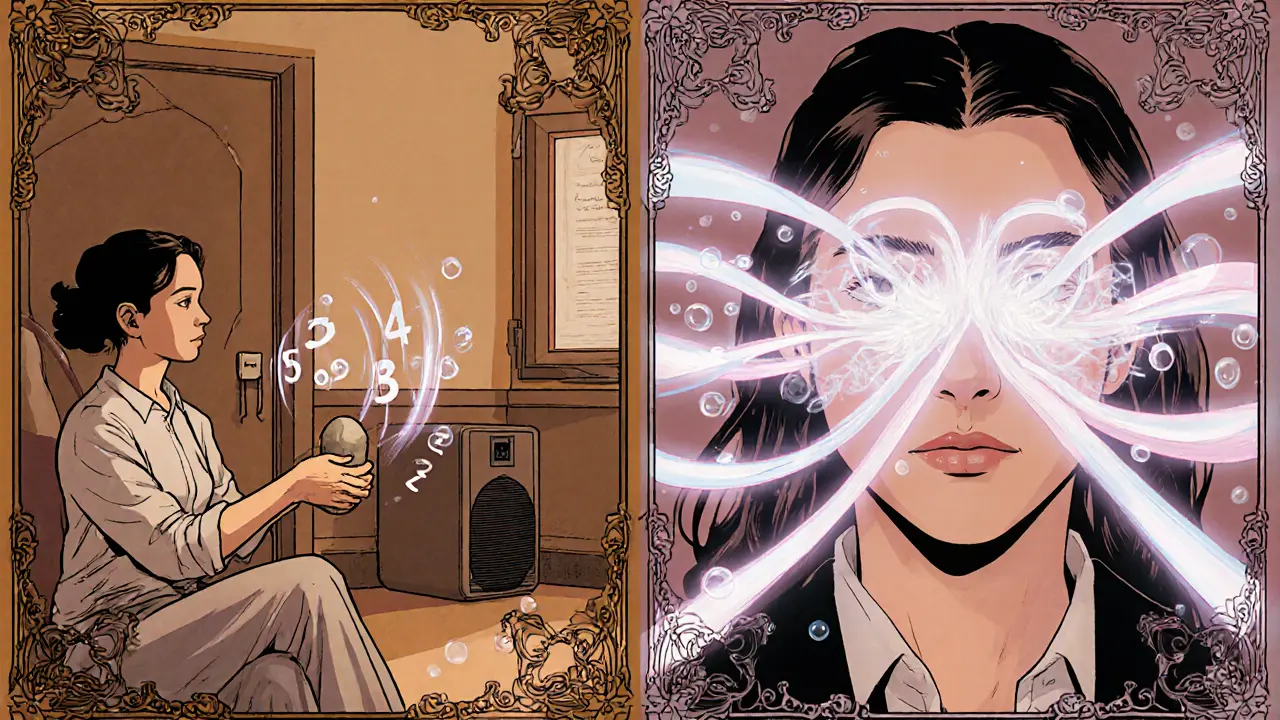 Terapeut a pacient při CBT expozici a EMDR, s vizuálními prvky grounding a pohybem očí.