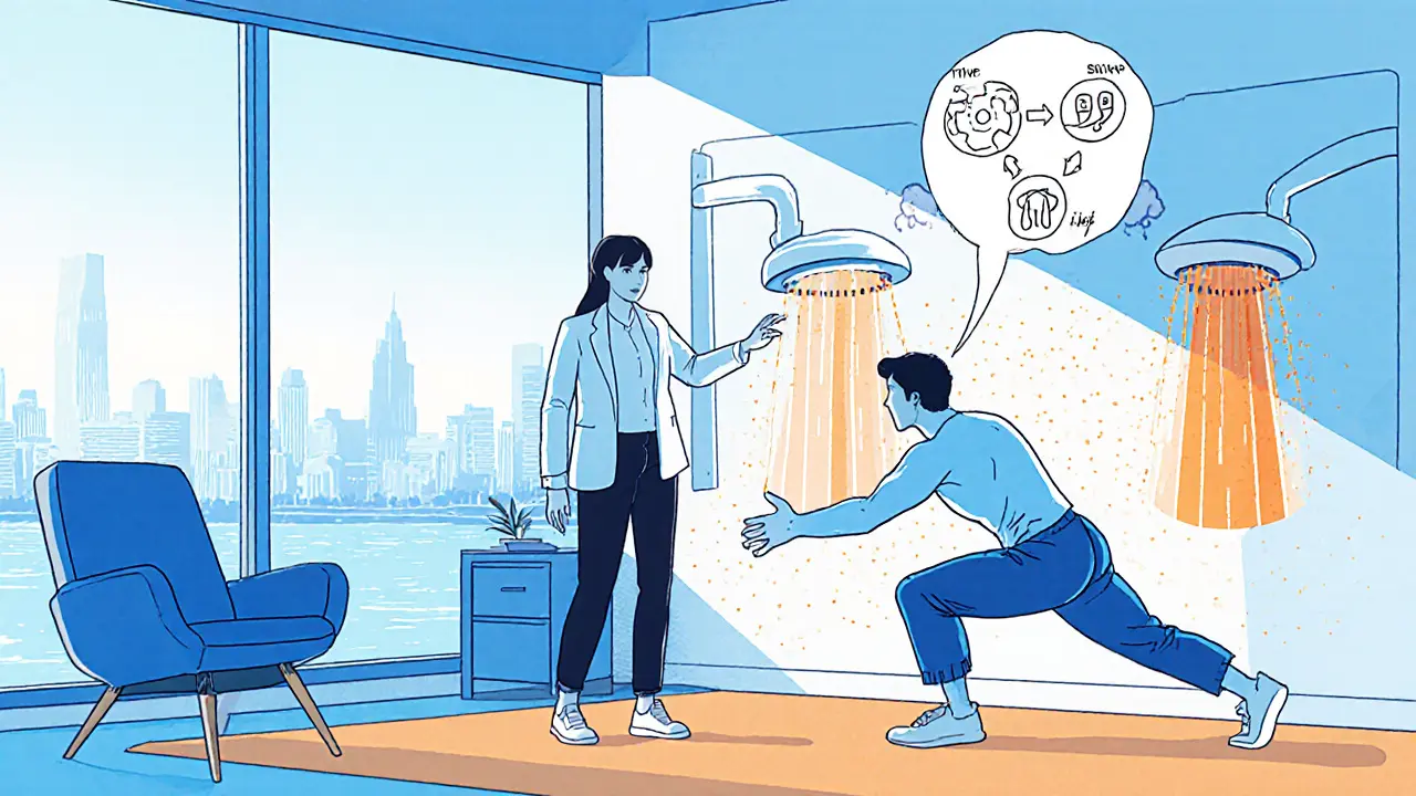 Terapeut ukazuje techniku TIPP, klient provádí dřepy a vizualizuje teplou sprchu.