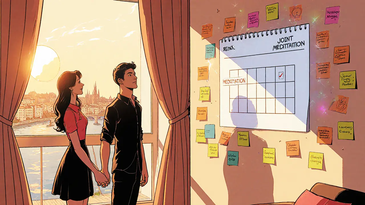 Pár v uspořádaném bytě s vizuálními připomínkami a společným kalendářem, nálada optimistická.