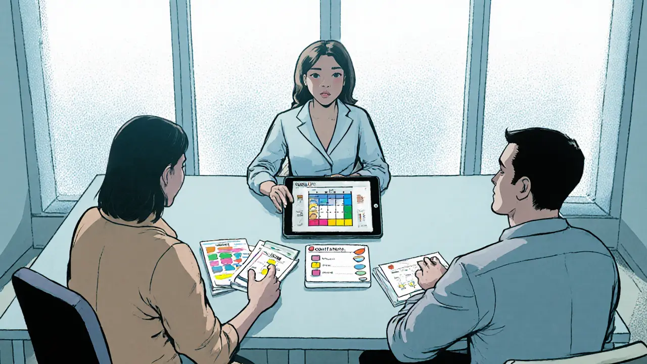 Terapeut v klidné kanceláři ukazuje nástroje CBT/DBT, pár naslouchá – strukturovaná terapie.