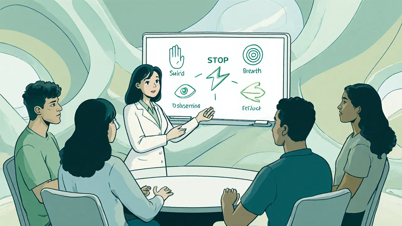 Skupinová DBT terapie, terapeut před tabulí s ikonou STOP, klidní účastníci v futuristické místnosti.