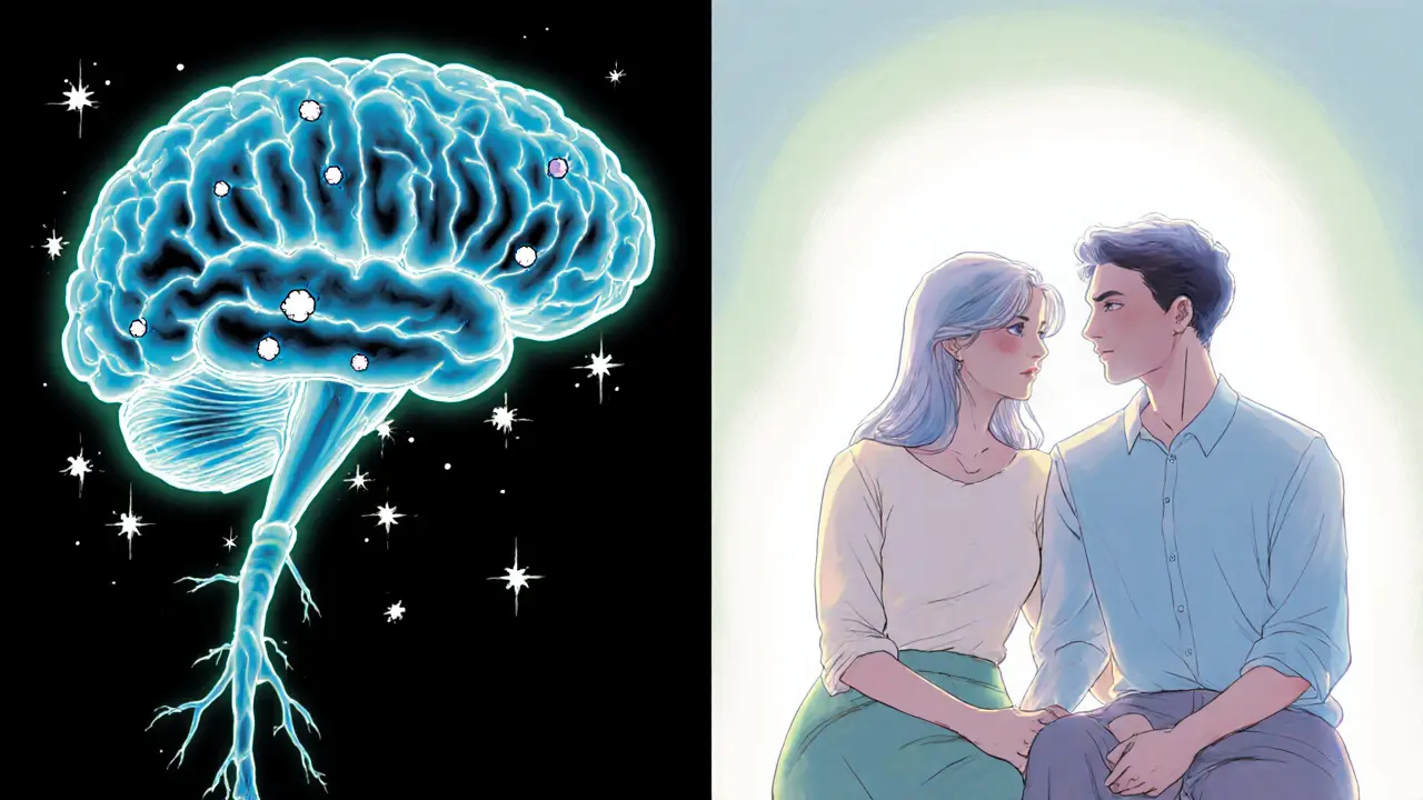 Stylizovaný mozek s klesajícím kortizolem a rostoucími endorfiny, pár v klidu.