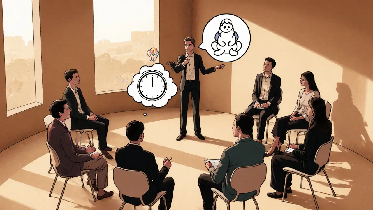 Workshop terapeutů, lektor ukazuje čas a empatii, skupina pozorně poslouchá.