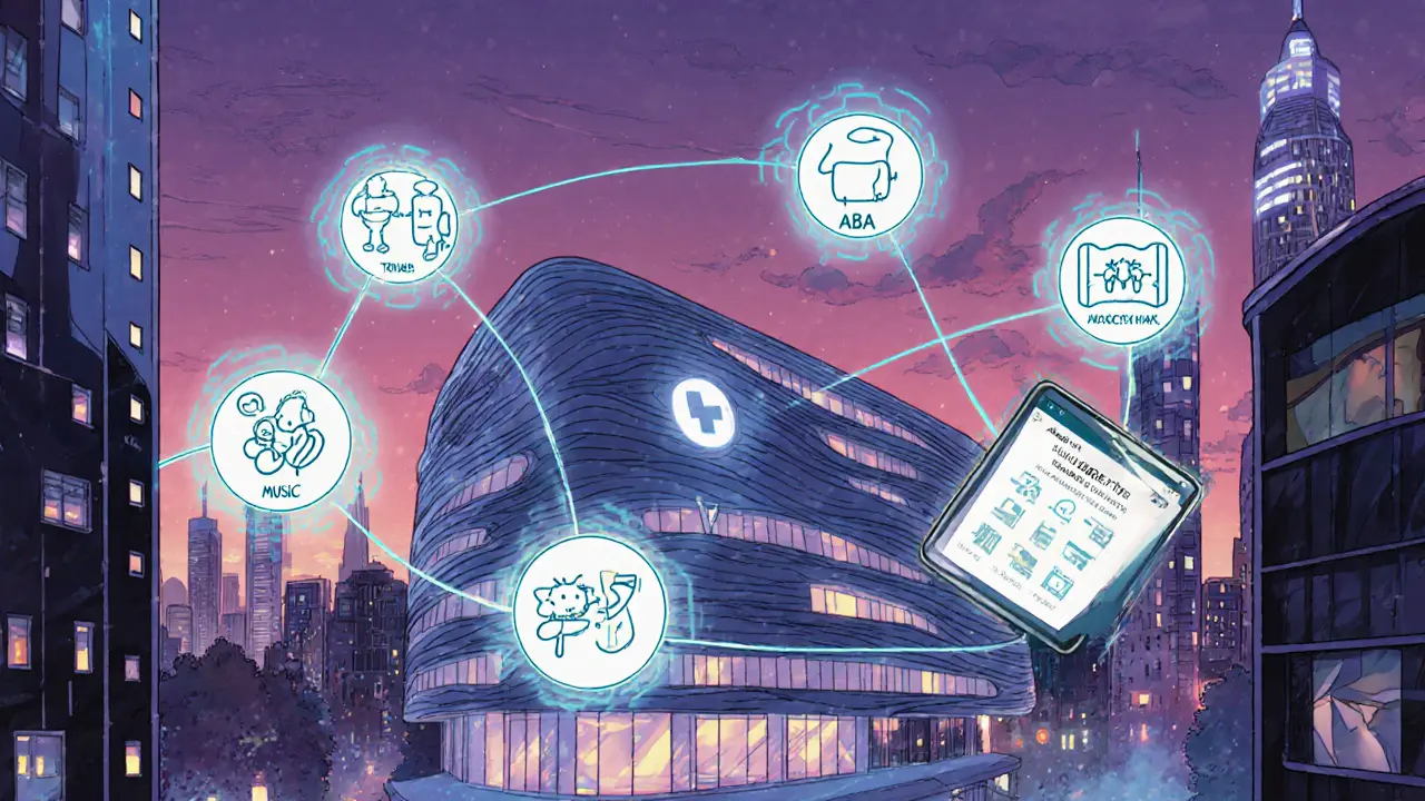 Futuristické město s klinikou pro autismus, symboly terapií a aplikací sledování pokroku.