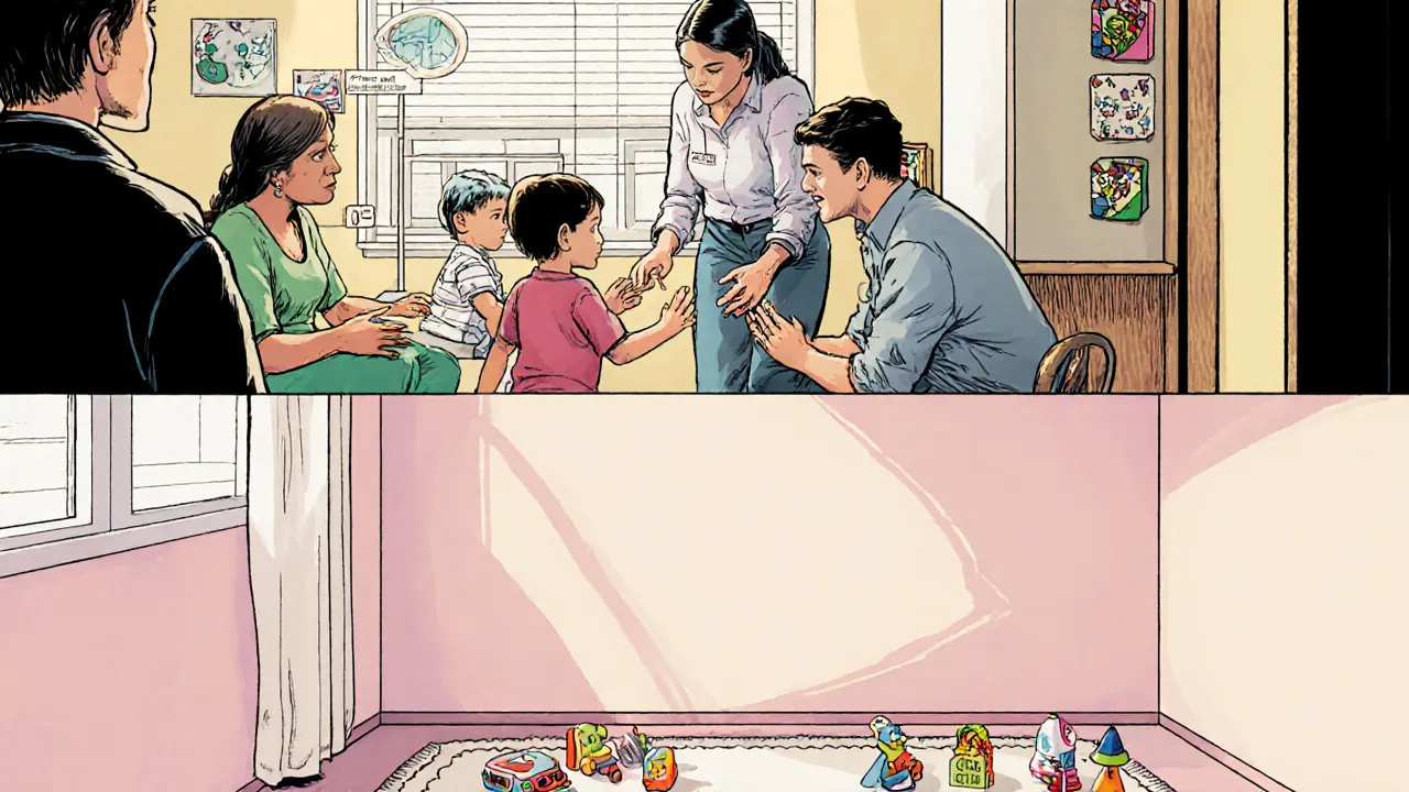 Rodiče s instruktorem během O.T.A. kurzu; dítě v Son‑rise místnosti s pěti hračkami.