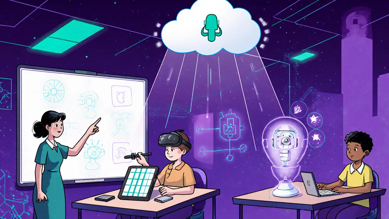 Budoucí třída, kde učitelé a žáci komunikují přes digitální AAC nástroje s AI a chytrou technikou.