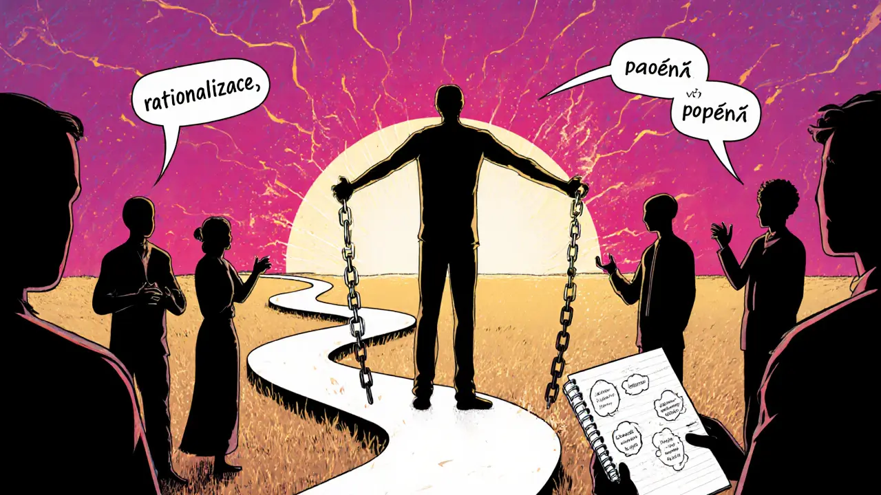 Klient prolomí řetězy racionalizace, na pozadí východ slunce a podpora skupiny.