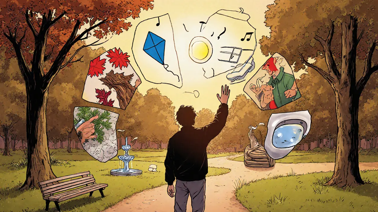 Postava používá techniku 5‑4‑3‑2‑1 v parku, zobrazeny viděné předměty, dotyky, zvuky, vůně a chuť.