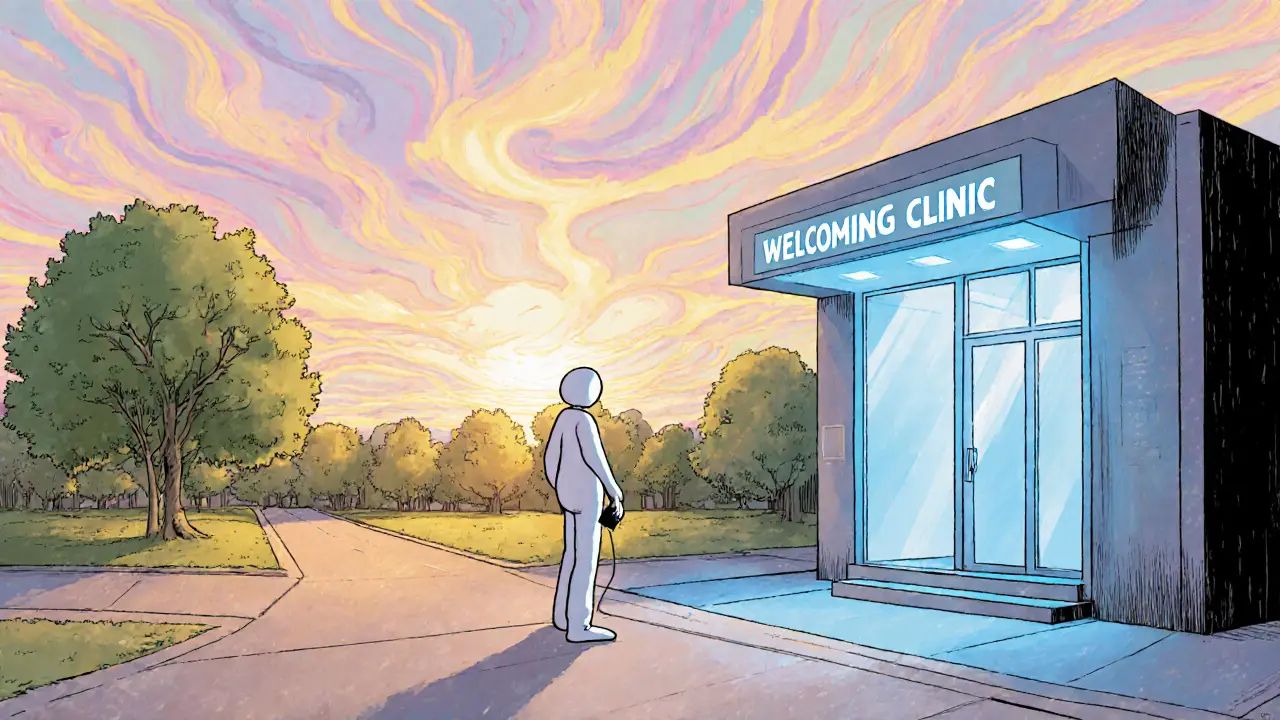 Postava stojí na křižovatce, zvolí cestu k terapeutovi.