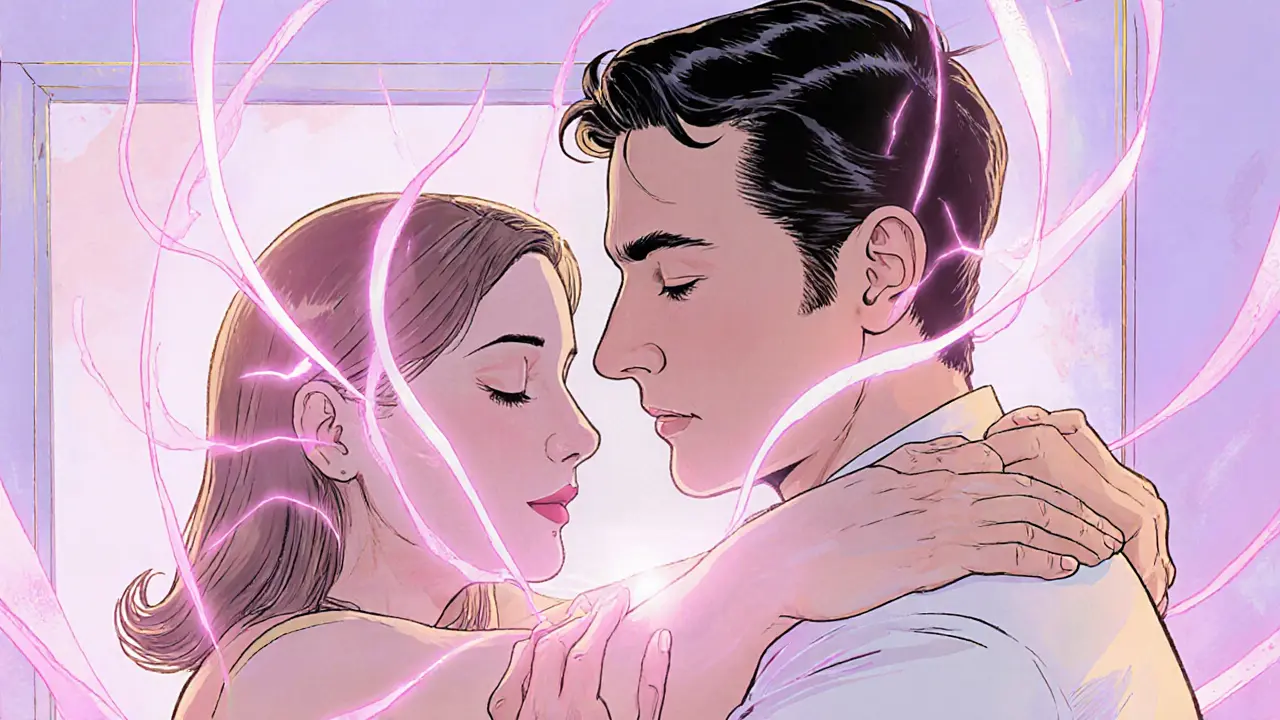 Terapeut jemně objímá osobu, z kontaktu vychází růžová aura oxytocinu.