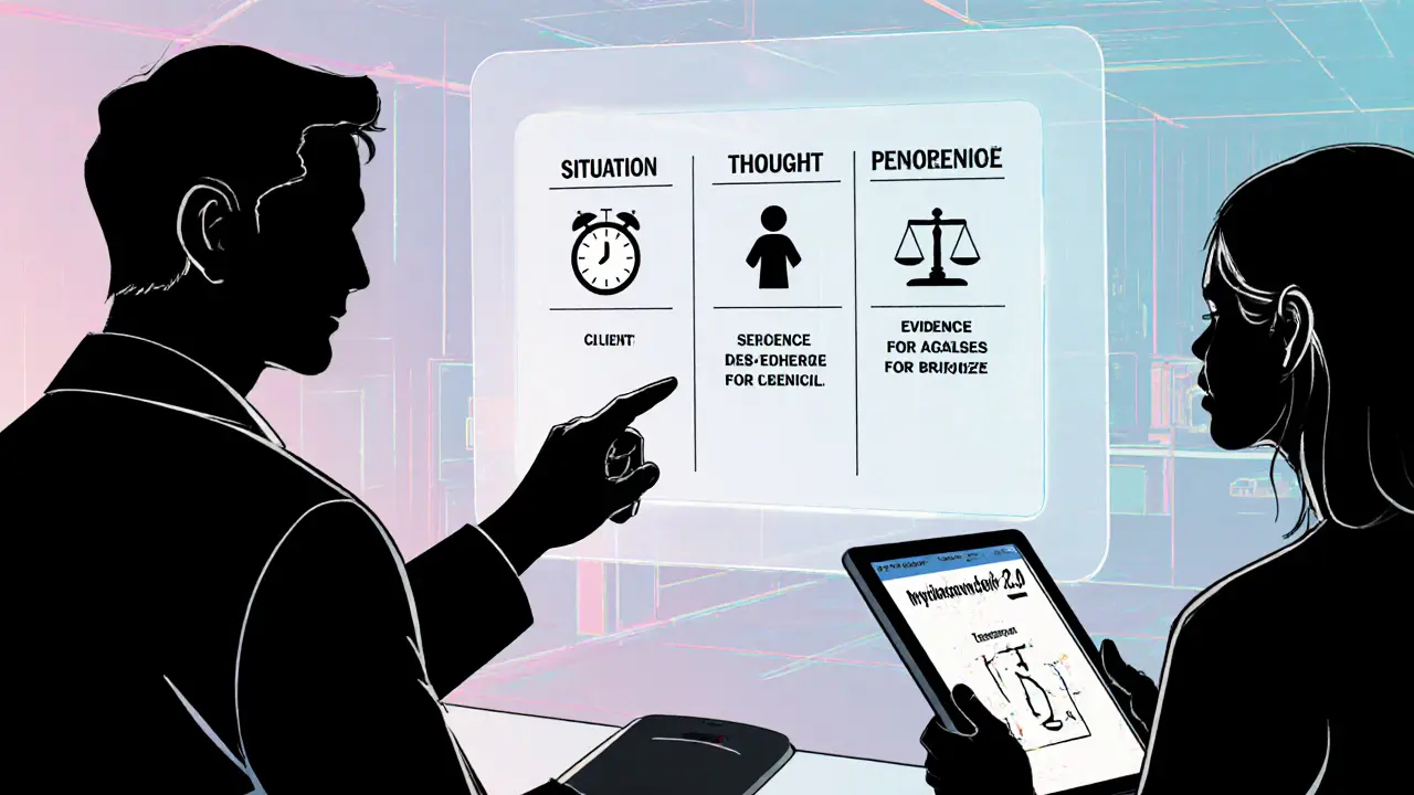 Terapeut ukazuje trojí sloupec na hologramu, klient používá deník na tabletu.