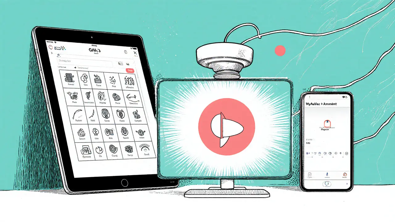 Vedle sebe zařízení s Grid 3, MyAvaz a oční sledování v terapeutické místnosti.