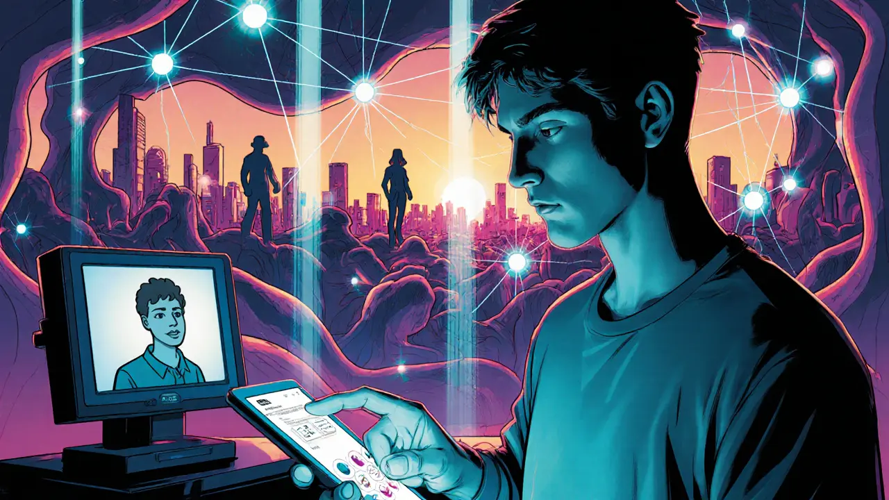 Budoucí aftercare: AI aplikace, telemedicína a komunitní podpora zobrazené v komiksovém stylu.