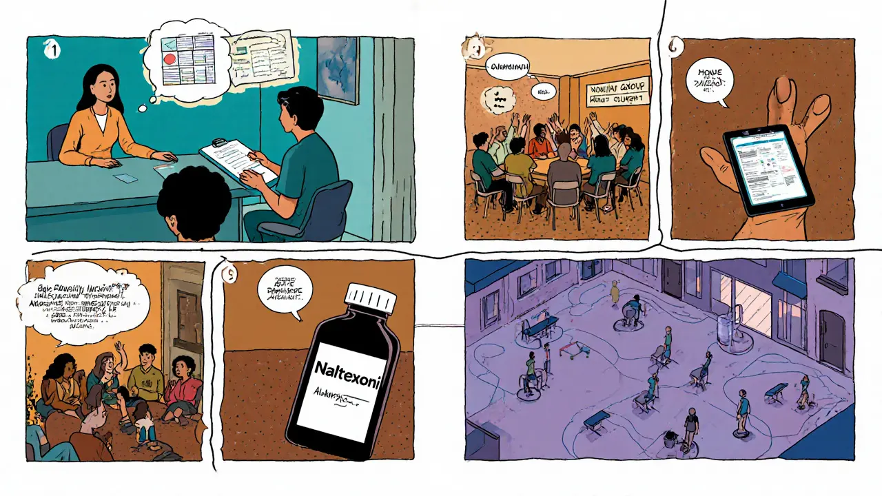 Kompozice ukazuje různé části programu: individuální plán, peer skupinu, terapie a léky.