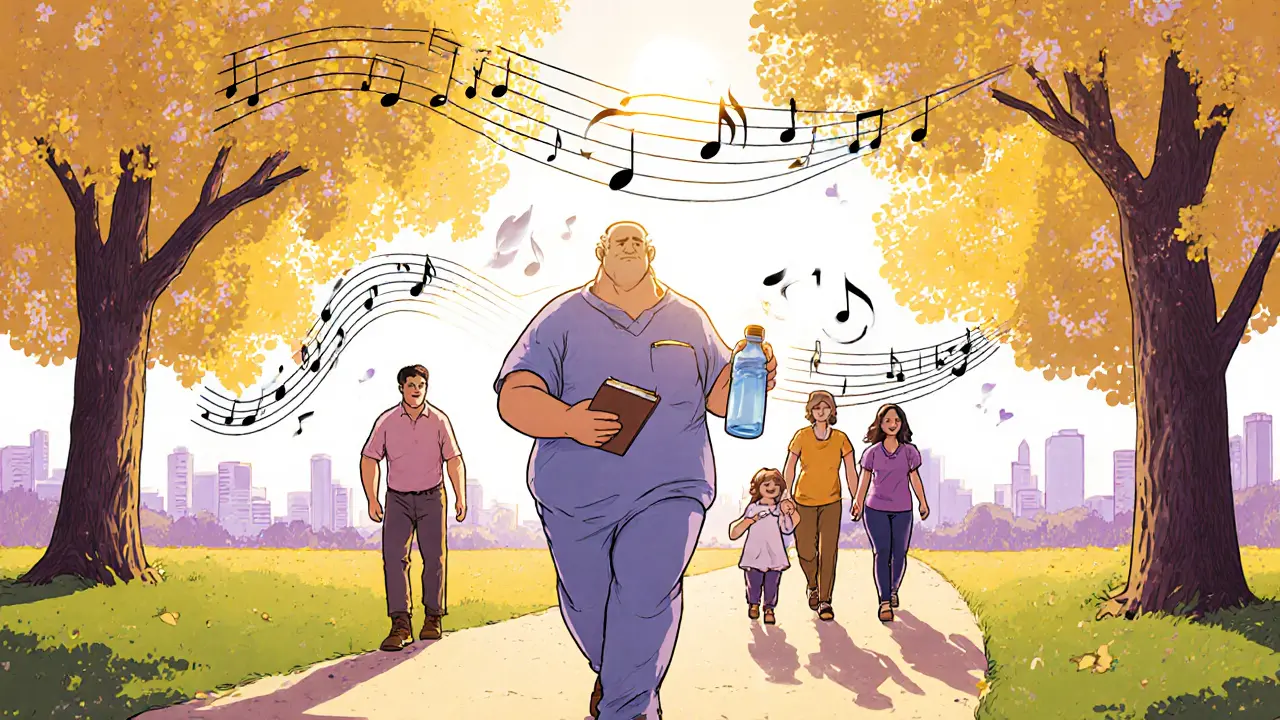 Pacient s deníkem a rodinou prochází slunečným parkem, podpora a zdravý životní styl