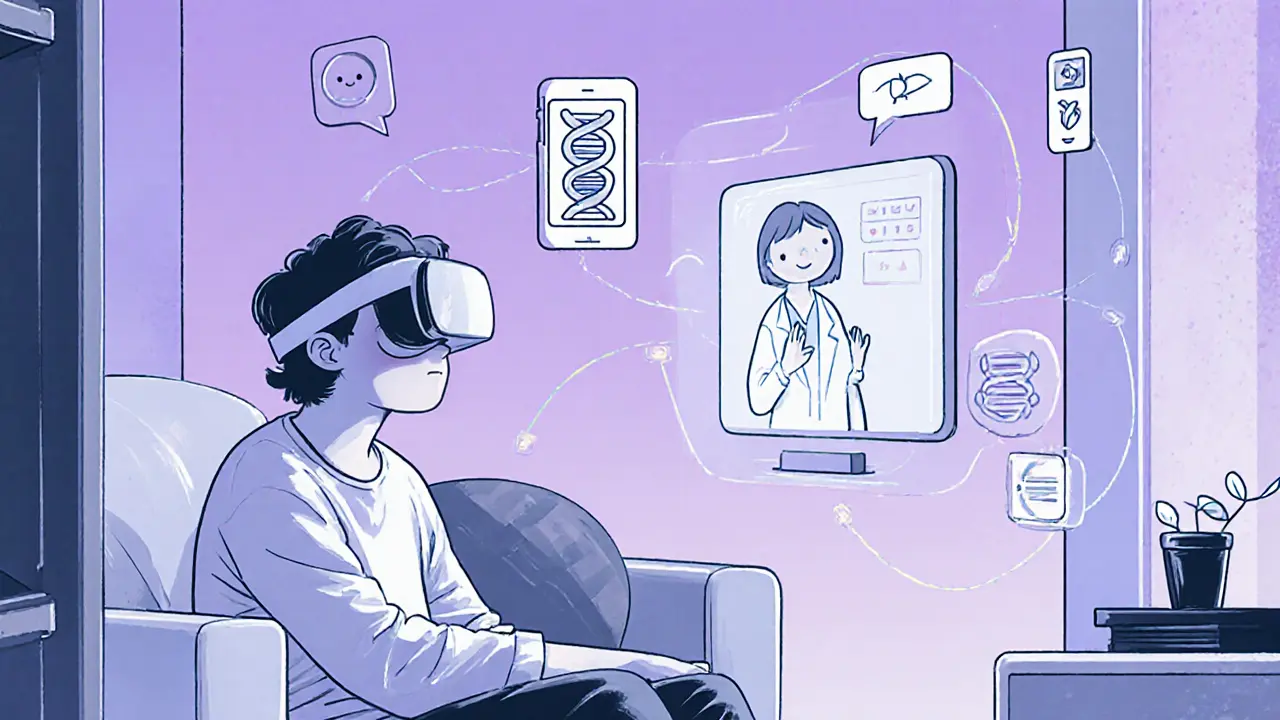 Pacient v domácím prostředí s holografickým terapeutem a digitálními nástroji.