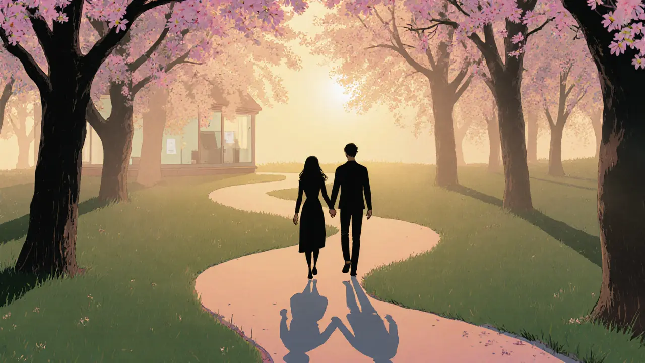 Pár kráčející ruku v ruce po rozkvetlé cestě při východu slunce, naznačující obnovenou důvěru.