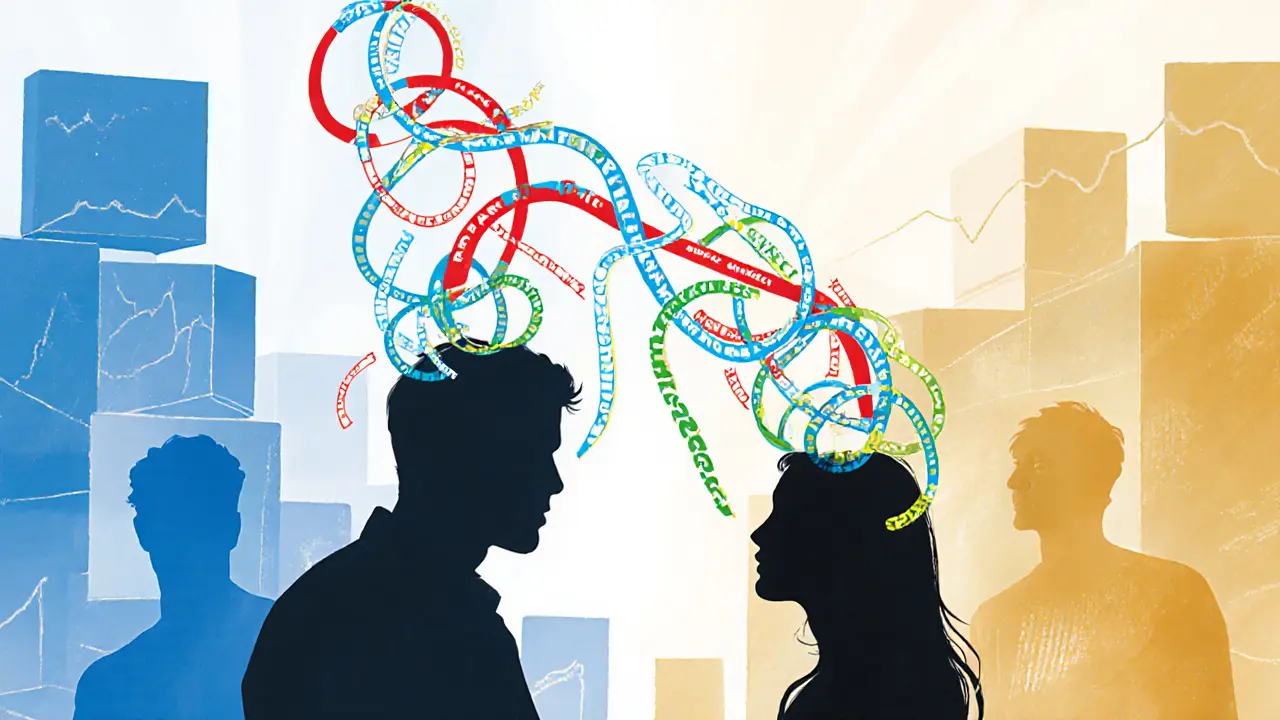 Pár v dialogu během EFT, barevné stužky znázorňují emoce, abstraktní bloky představují výzkumné úspěchy.