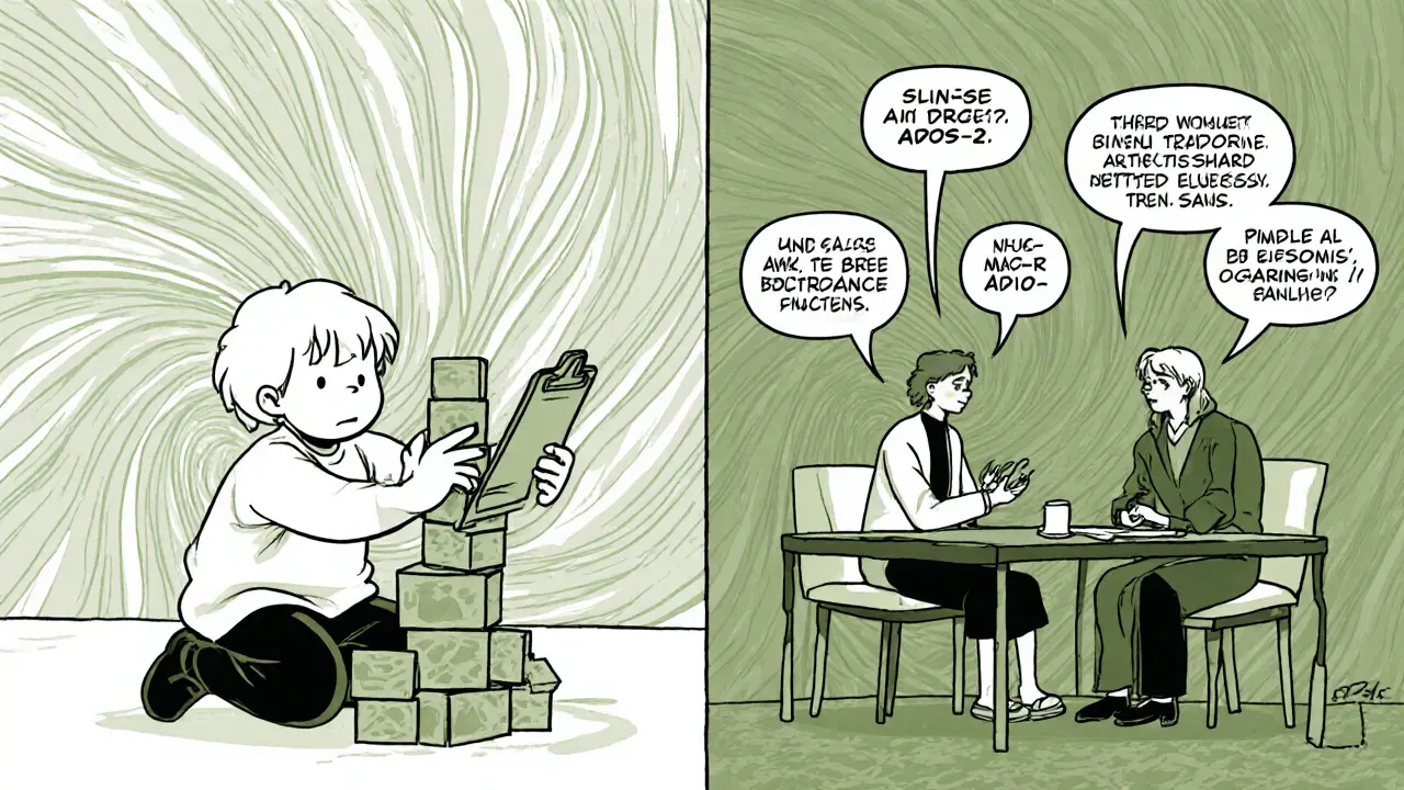 Psycholog provádí ADOS‑2 pozorování, zatímco rodiče odpovídají v ADI‑R rozhovoru.