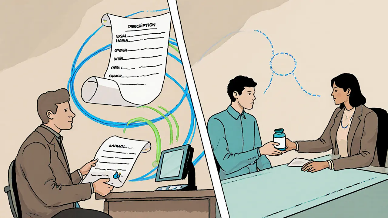 Rozdělená scéna ukazující integrovanou a paralelní léčbu s léky a terapií.