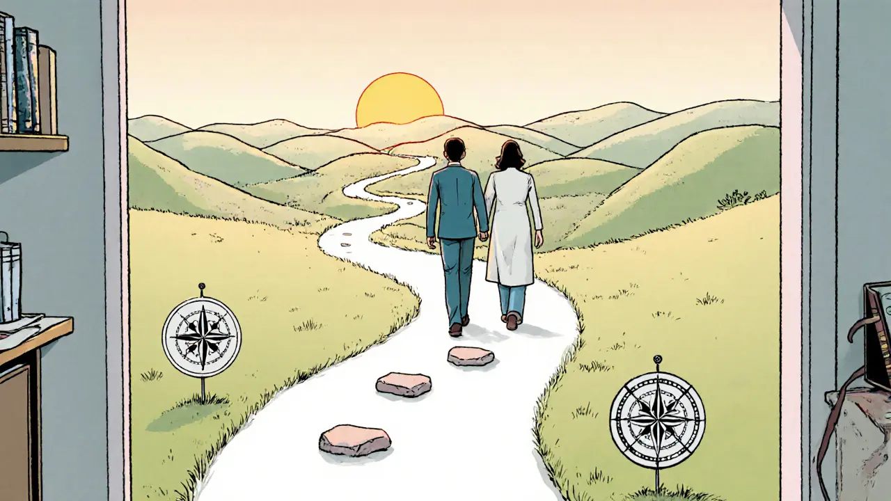 Terapeut a klient odcházejí po otevřené cestě, symbolizující plán ukončení terapie.